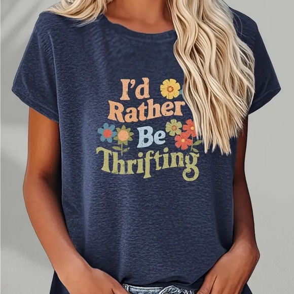 New! Graphic Navy Blue Women's Top I’d Rather Be Thrifting Sz XL - Picture 1 of 5